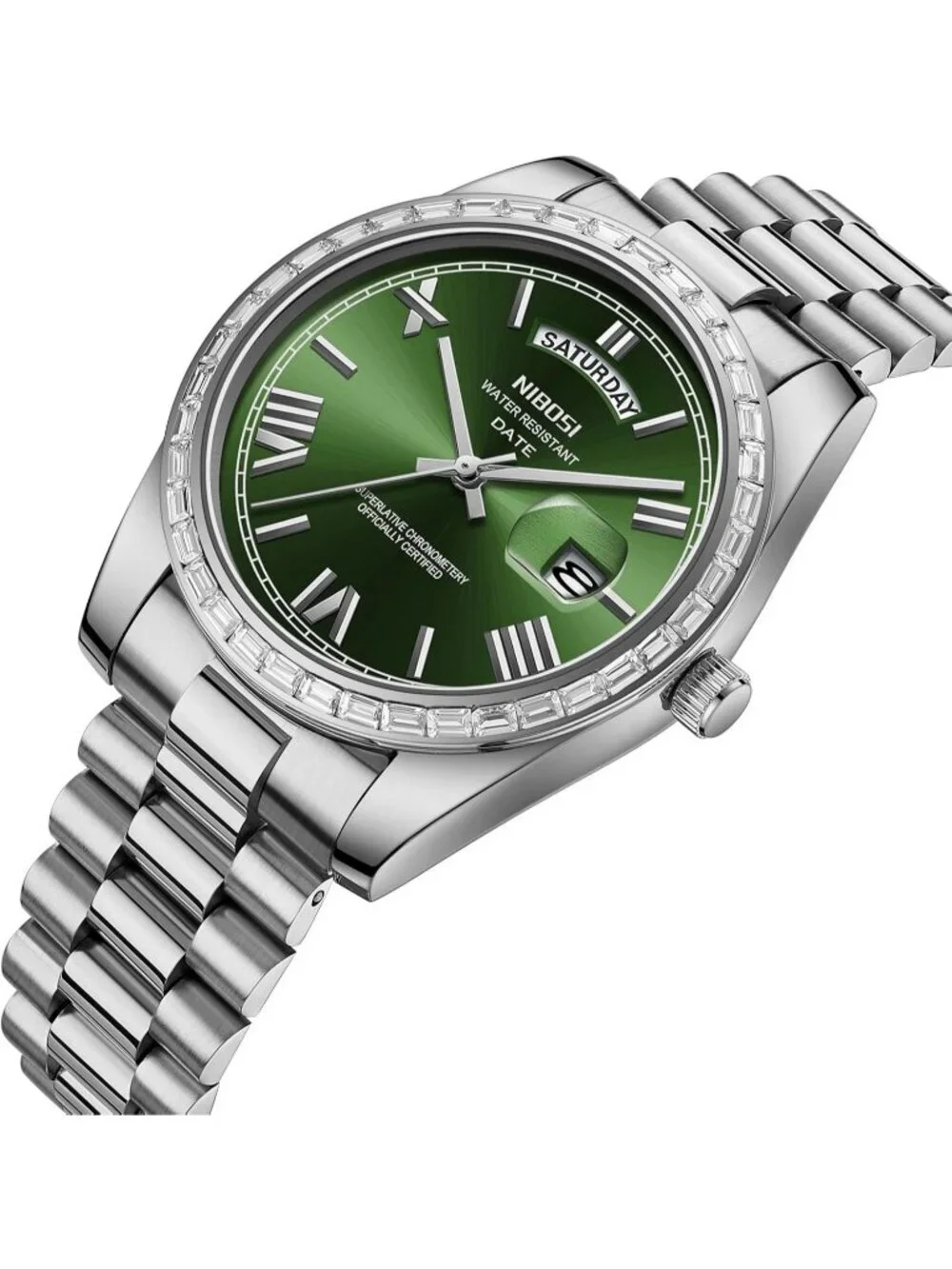 Nibosi Men's Silver Green Analog Quartz Diamond Bezel Stainless Waterproof Watch